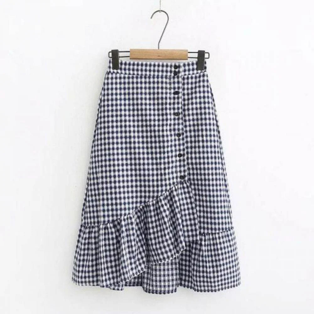 Women Casual High Waist Asymmetrical Button Ruffle Hem Gingham Plaid Midi Skirt | Walmart (US)