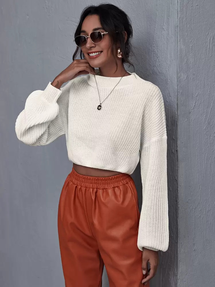 SHEIN Ribbed Turtleneck Drop Shoulder Cropped Sweater | SHEIN