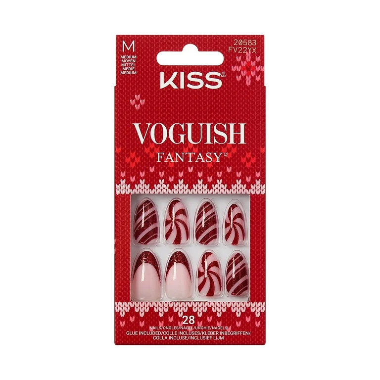 KISS Voguish Fantasy Holiday Press On Nails Almond, ‘One More Kiss’, Red, Medium, 28 Count | Walmart (US)