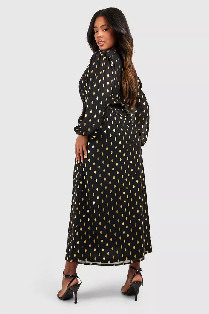 Plus Spot Metallic Blouson Sleeve Split Midaxi Dress | Boohoo.com (UK & IE)