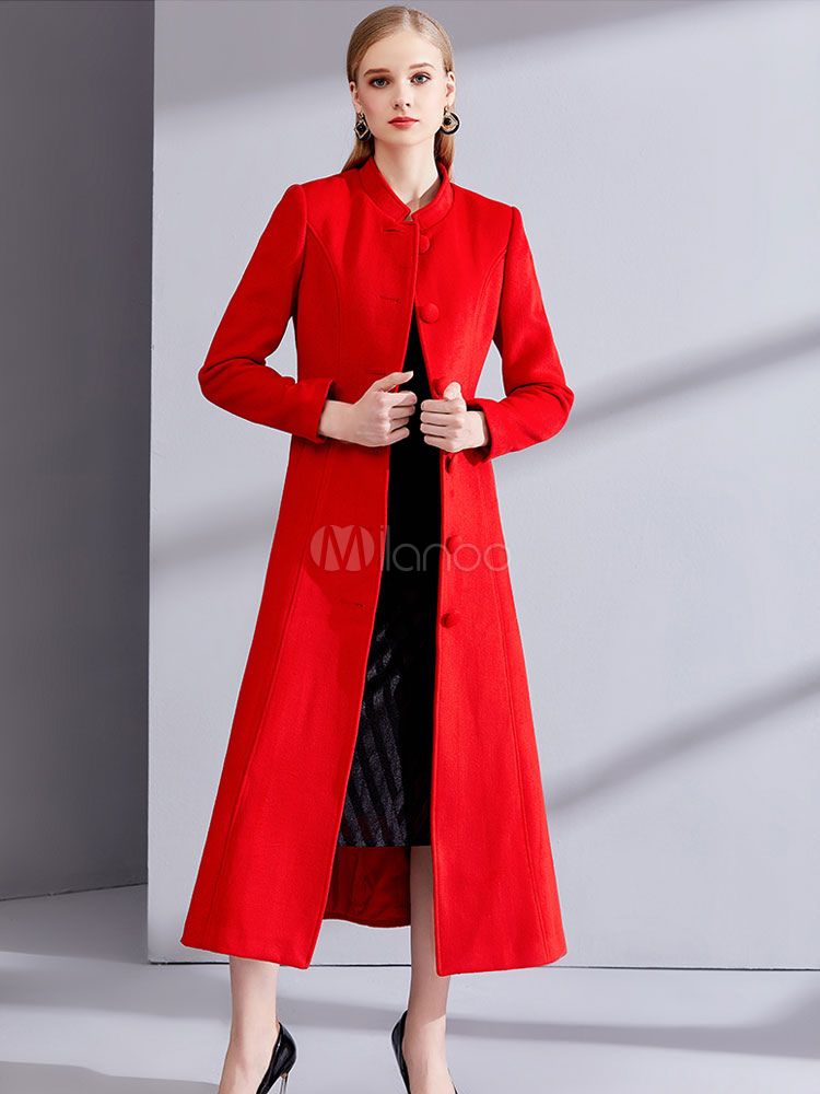Red Winter Coat Long Sleeve Stand Collar Women's Wool Coats | Milanoo