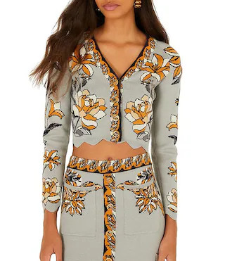 Stained Glass Beauty Printed V-Neck Long Sleeve Button Front Coordinating Knit Top | Dillard's