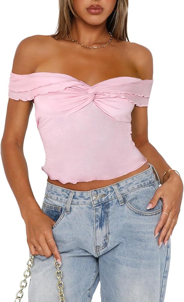 Off Shoulder Crop Tops for Women, Short Sleeve Twist Front Lettuce Trim Slim Fit Sexy Blouses Y2K... | Amazon (US)