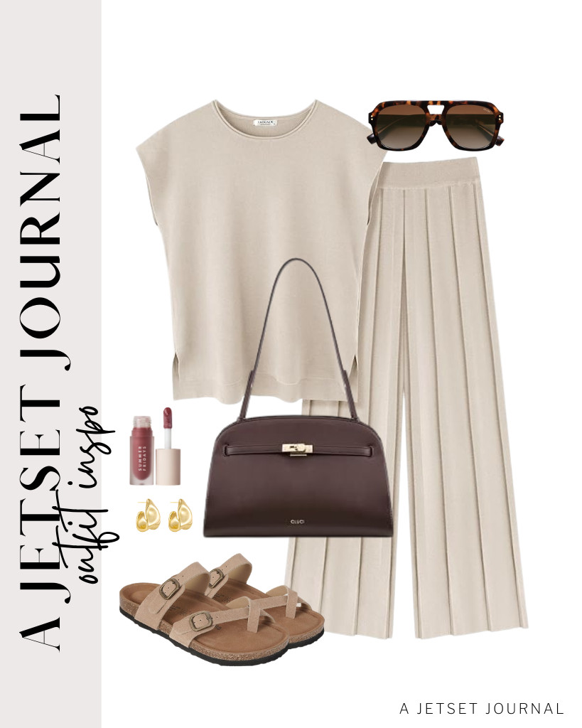 This beige lounge set goes well with Project Cloud leather sandals and a CLUCI shoulder bag. Add these SOJOS sunnies and stud earrings to style this fit.

#LTKSeasonal #LTKSaleAlert #LTKTravel
 

 