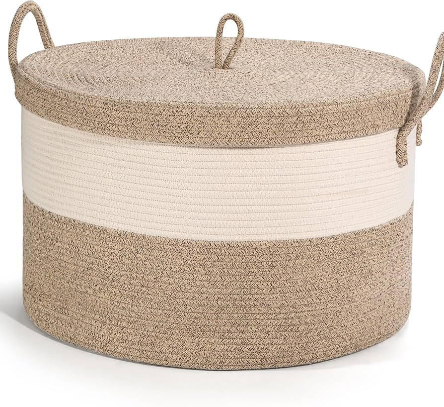 Blanket Basket with Lid, 21.7" X 21.7" X 13.8" Cotton Rope Basket, XXL Large Basket with Handle, ... | Amazon (US)