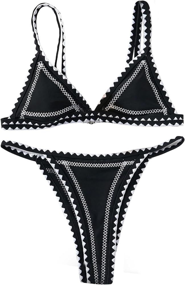 GORGLITTER Women's Whip Stitch Swimsuits Triangle Top High Waisted Thong Bikini Set Bathing Suit | Amazon (US)