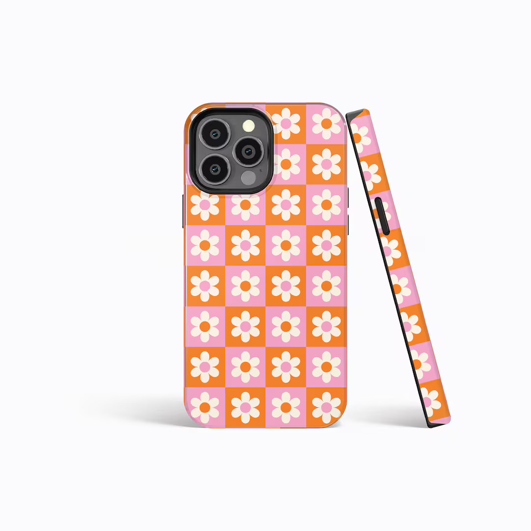 ORANGE & PINK Checkered Floral Hard Phone Case iPhone 16/15/14/13/12 Pro Max Magsafe Galaxy S23/S... | Etsy (US)