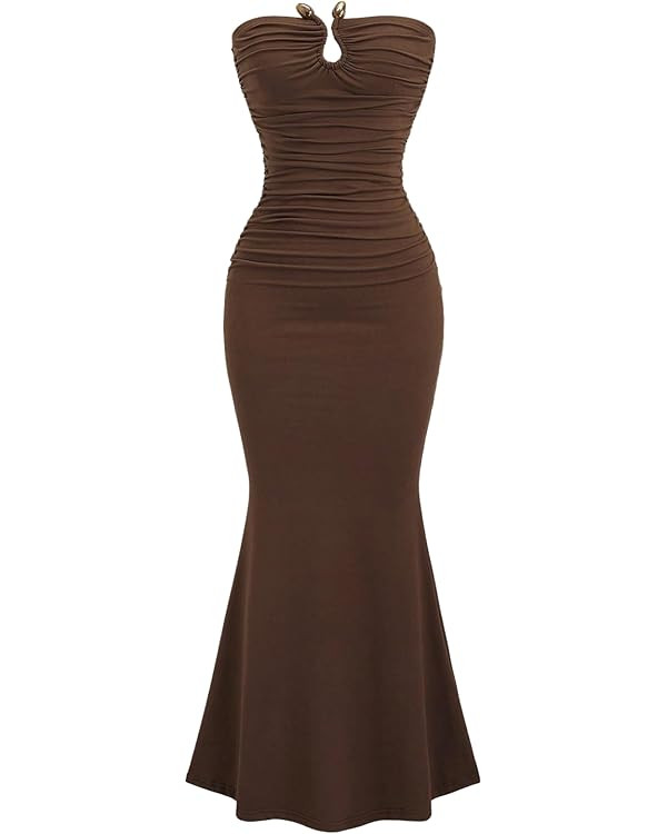 Milumia Women's Ruched Strapless Tube Dress Ring Fishtail Bodycon Maxi Going Out Dresses | Amazon (US)