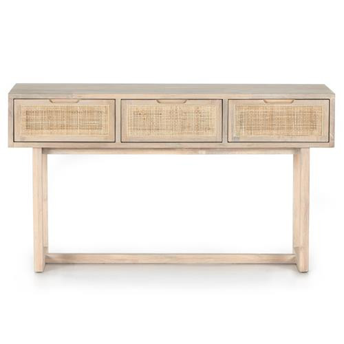Marina Coastal Beach Beige Solid Mango Wood Woven Cane Storage Console Table | Kathy Kuo Home