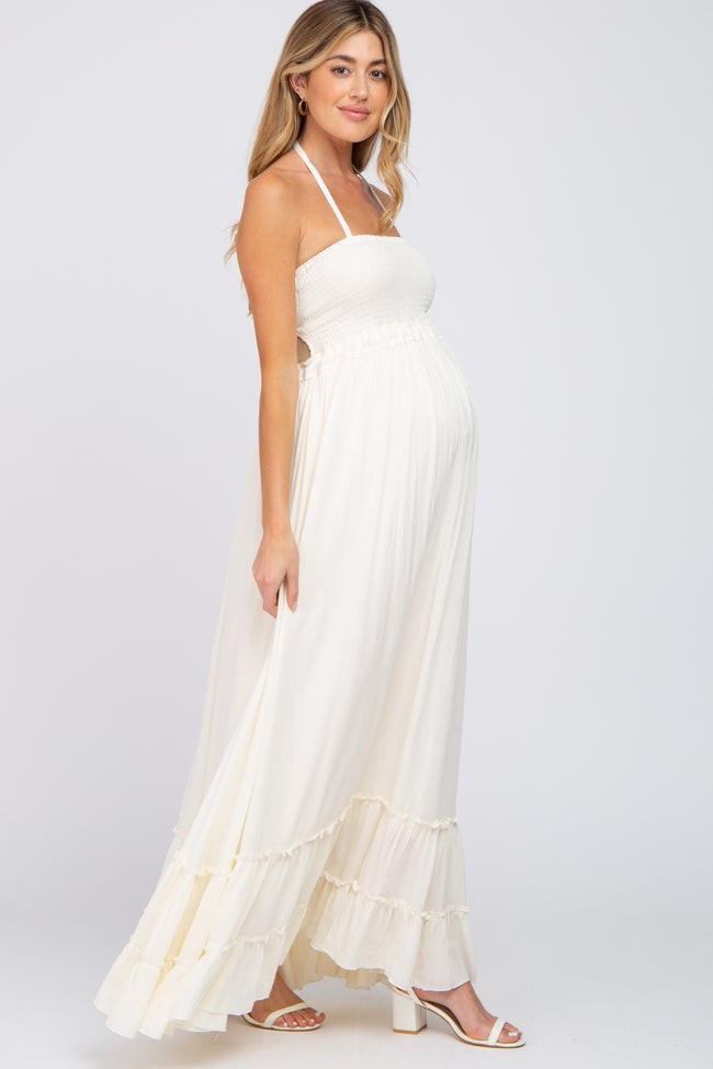 Cream Halter Neck Cut Out Maternity Maxi Dress | PinkBlush Maternity