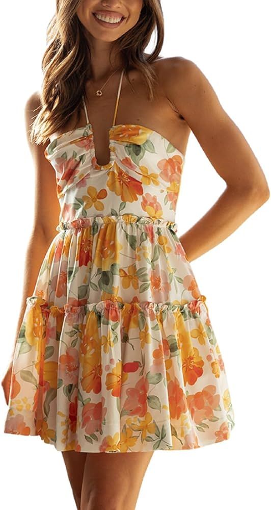 Women's Floral Print Halter Neck Mini Dress Ruched Sleeveless Ruffle Cut Out Flowy Tiered Cute Be... | Amazon (US)