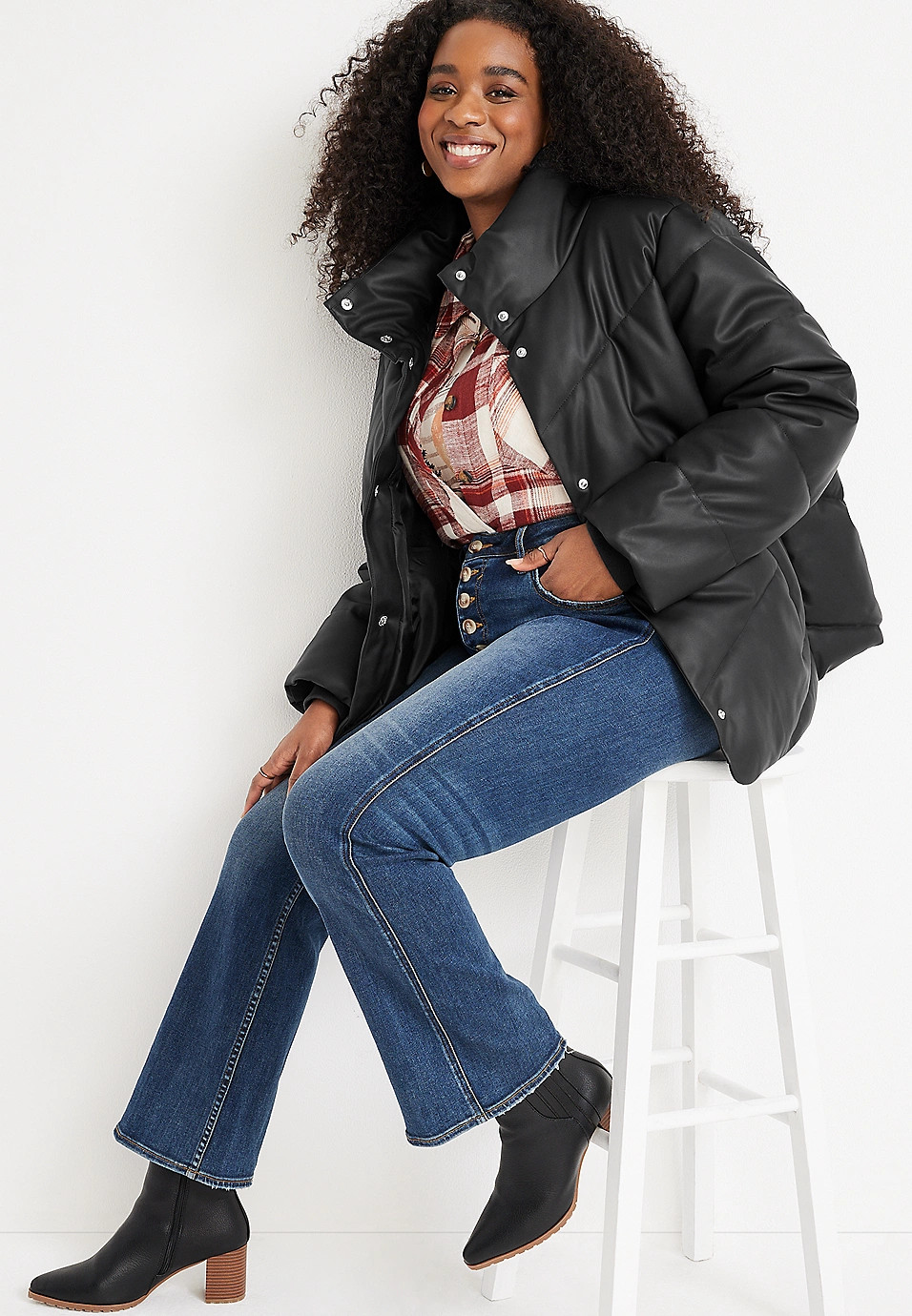 Plus Size Black Faux Leather Short Puffer Jacket | Maurices