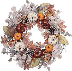 Valery Madelyn 24 inch Fall Pumpkin Wreath, Farmhouse Autumn Wreath with Maple Leaves and Pine Co... | Amazon (US)