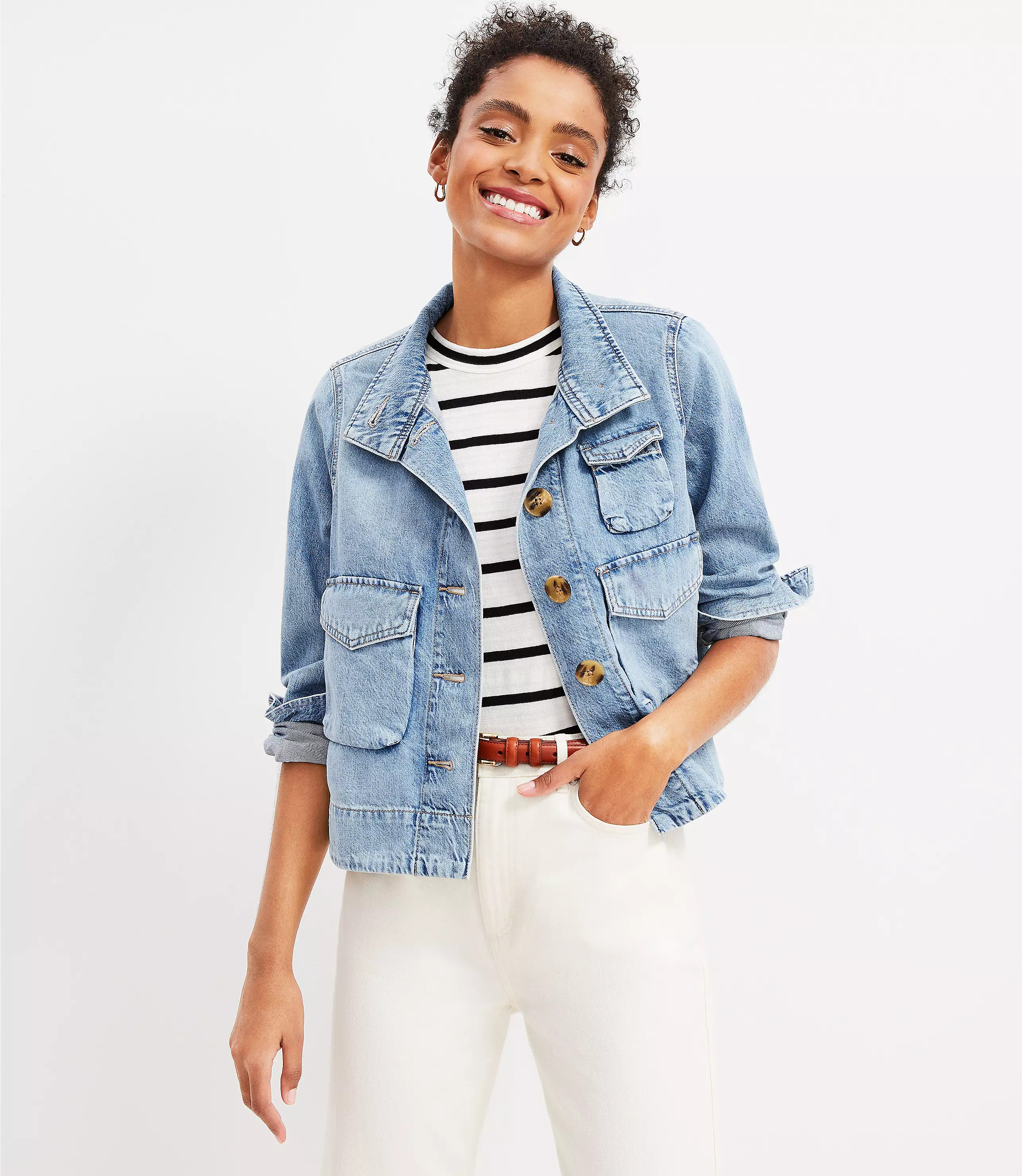 Petite Denim Utility Jacket in Light Indigo Wash | LOFT