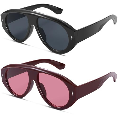A LONG Trendy Oversized Aviator Sunglasses for Women Men Retro Vintage 70s Style Chunky Aviators Sun Glasses (2 Pack (Black/Grey+Ancora Red/Light Red)) | Amazon (US)