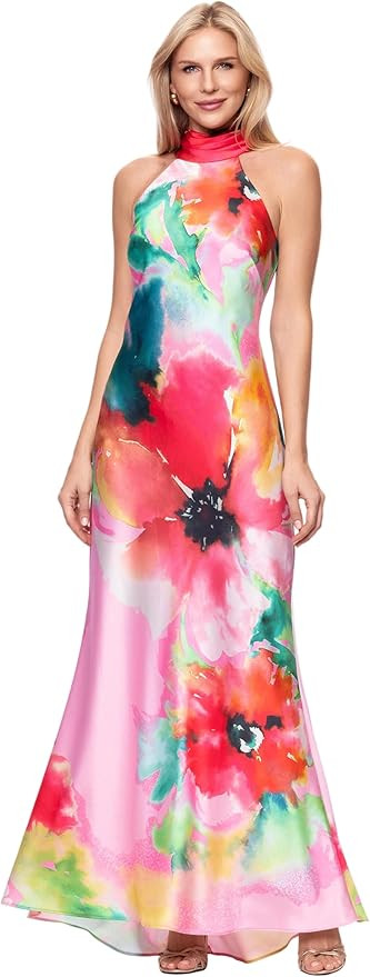 Women's Print Satin Halter Neck Floor Length Dress | Amazon (US)
