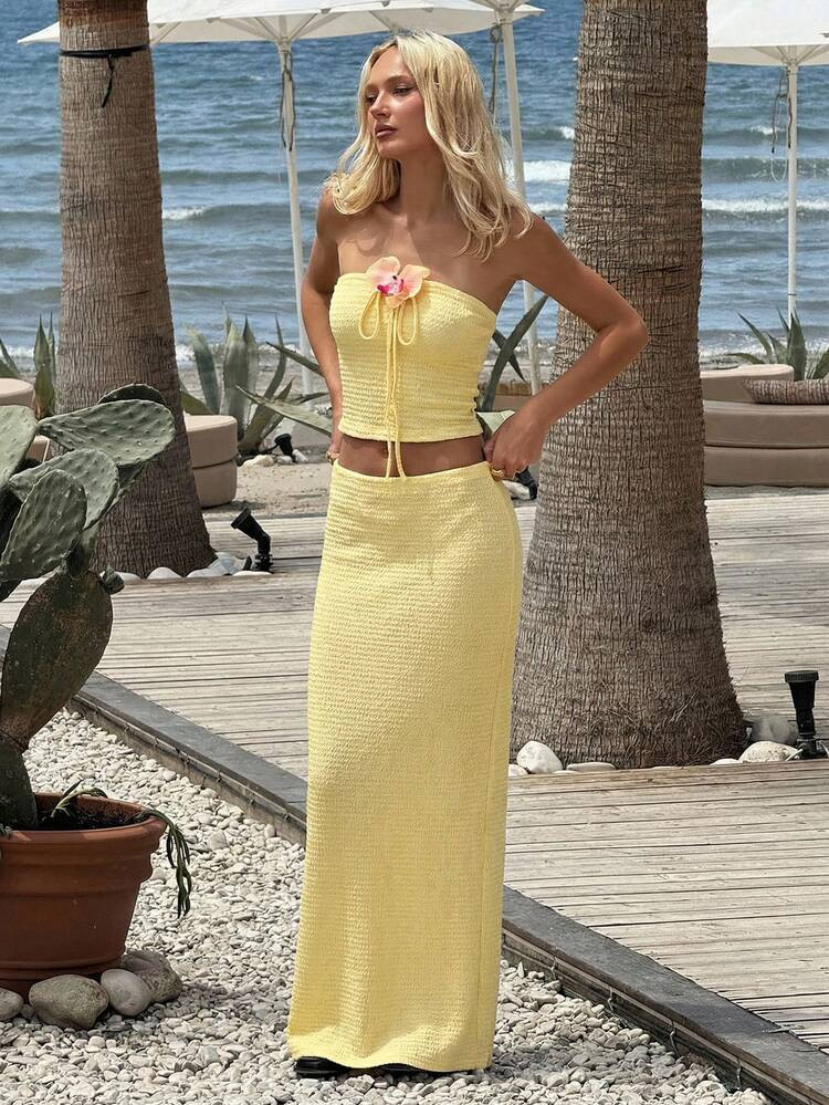 MainGRL Women's Casual Pale Yellow 3D Floral Decor Camisole And Mid-Length Skirt Set Summer Two Piece Set Beach Two Piece Set Butter Yellow Two Piece Set | SHEIN