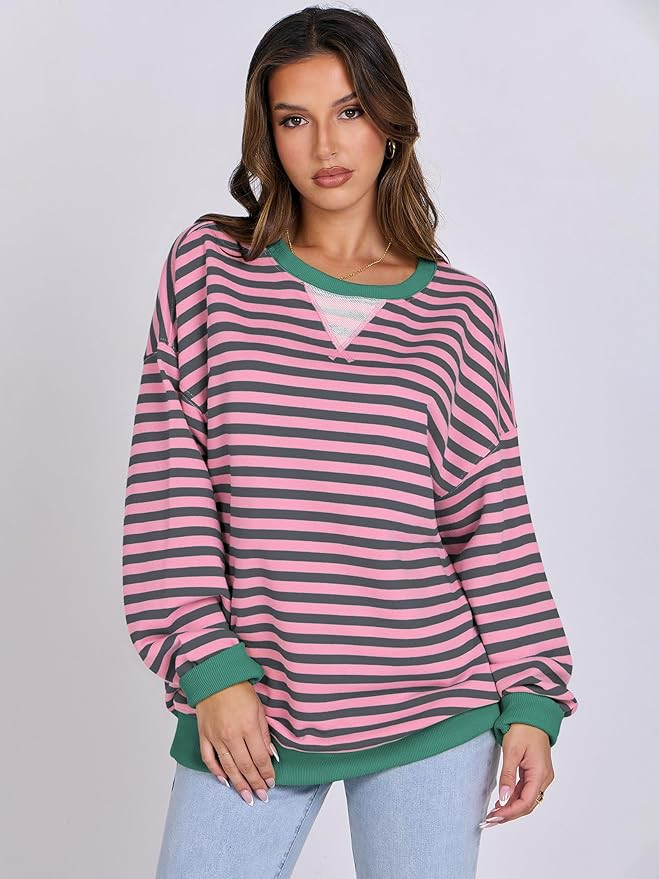 ANRABESS Women Striped Oversized Sweatshirt Long Sleeve Crewneck Shirts 2024 Fall Fashion Pullove... | Amazon (US)