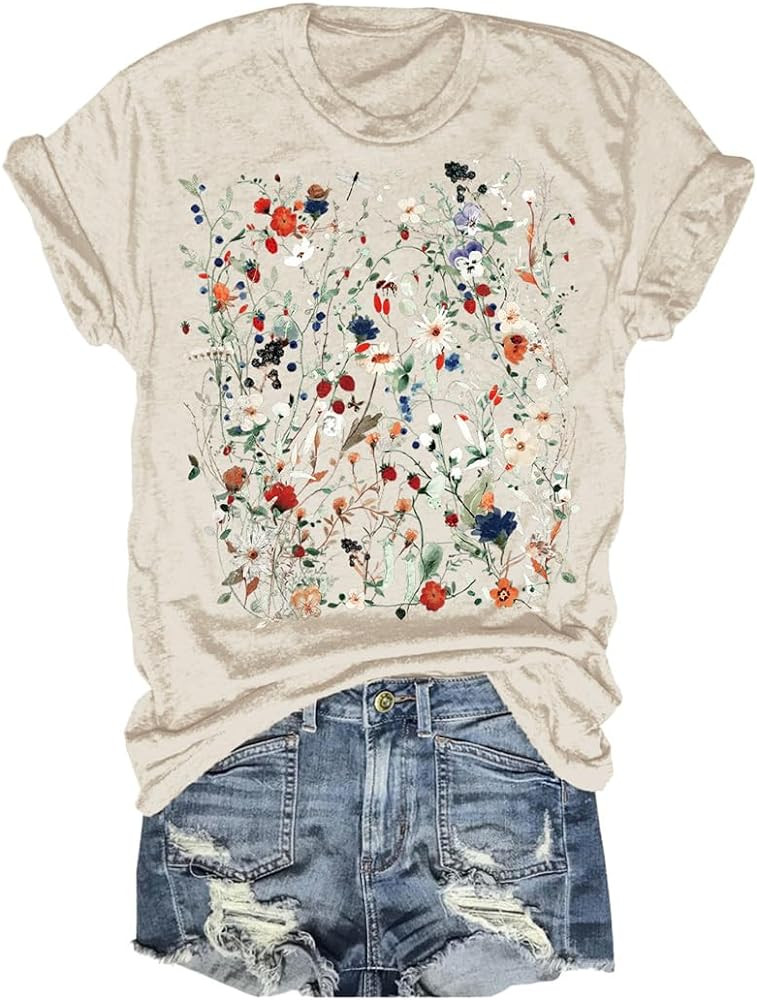 Women's Vintage Flowers Shirt Casual Boho Floral Printed T-Shirt Sunflower Wildflowers Graphic Te... | Amazon (US)