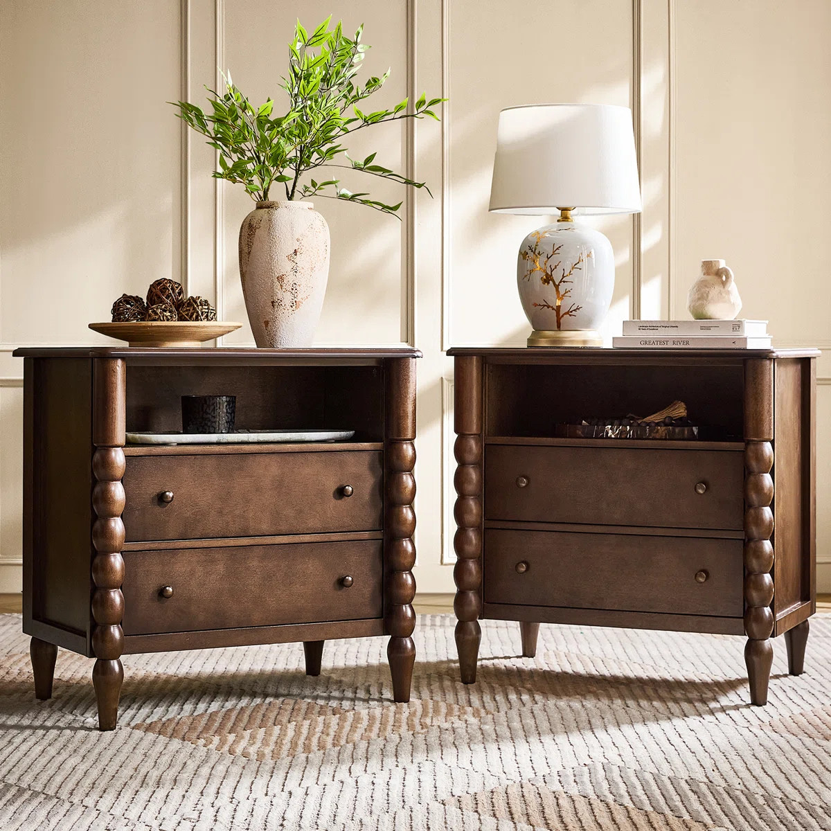 Arifah Transitional 28"W 2-Drawer Spindle-Style Solid Wood Columns End Table with Integrated Powe... | Wayfair North America