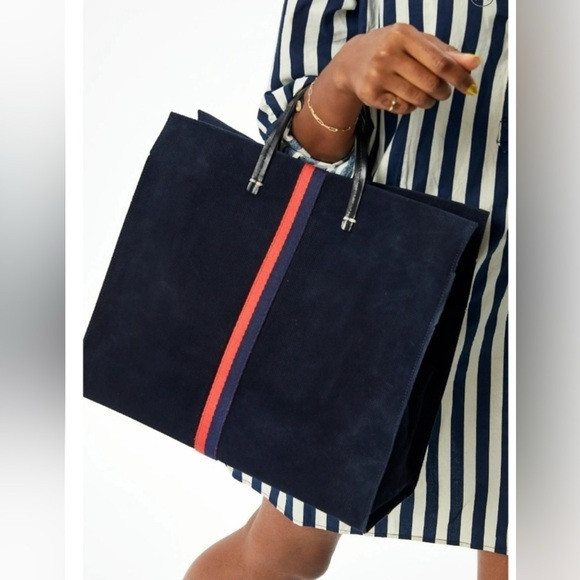 Clare V Navy Tote Bag Red Stripe Perforated Leather Suede Large Carryall OS | Poshmark