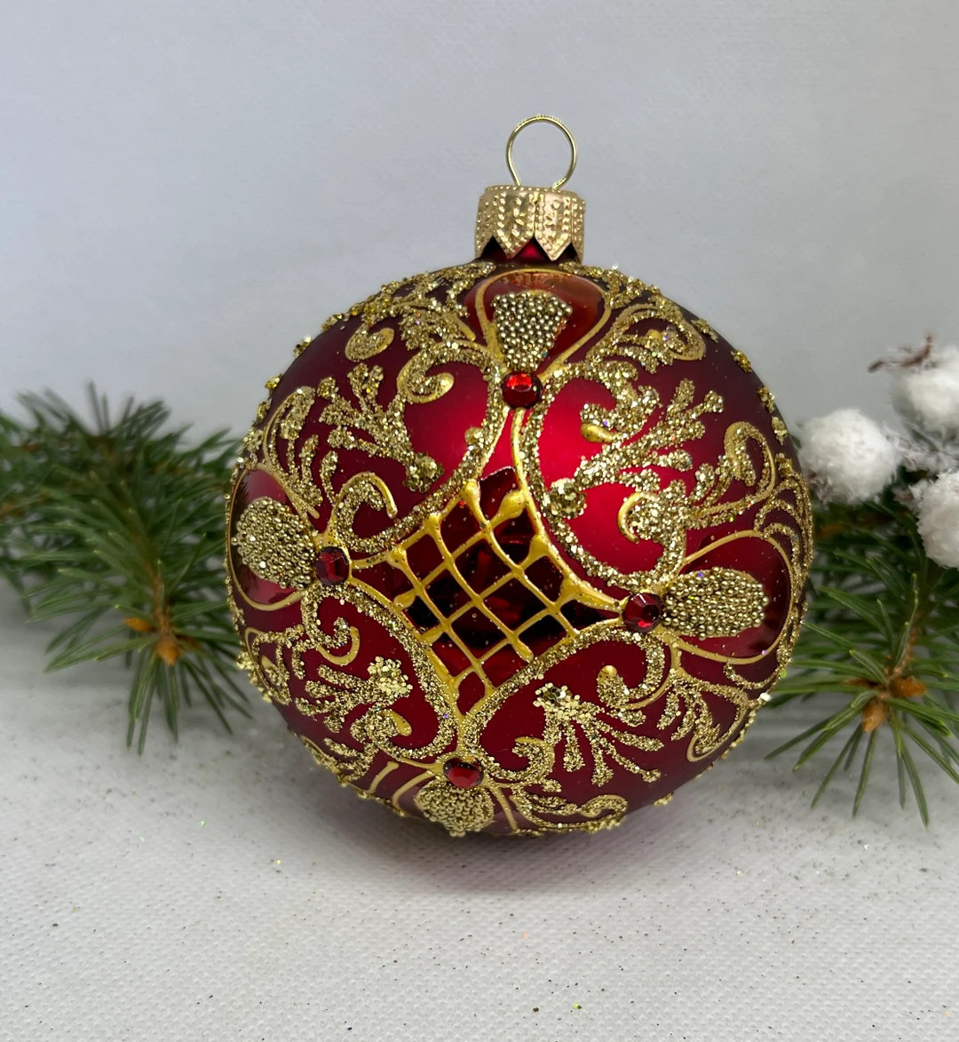 Red with gold Christmas glass Ball, Glitter Xmas Ornaments, Blown Christmas ball, best Christmas ... | Etsy (US)