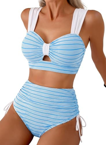 Herseas Women's Two Piece Bikini Sets 2026 Summer Textured Supportive Removable Padded High Waisted Swimsuits Full Coverage Bathing Suits Chic Beach Vacation Outfits Sky Blue Medium | Amazon (US)
