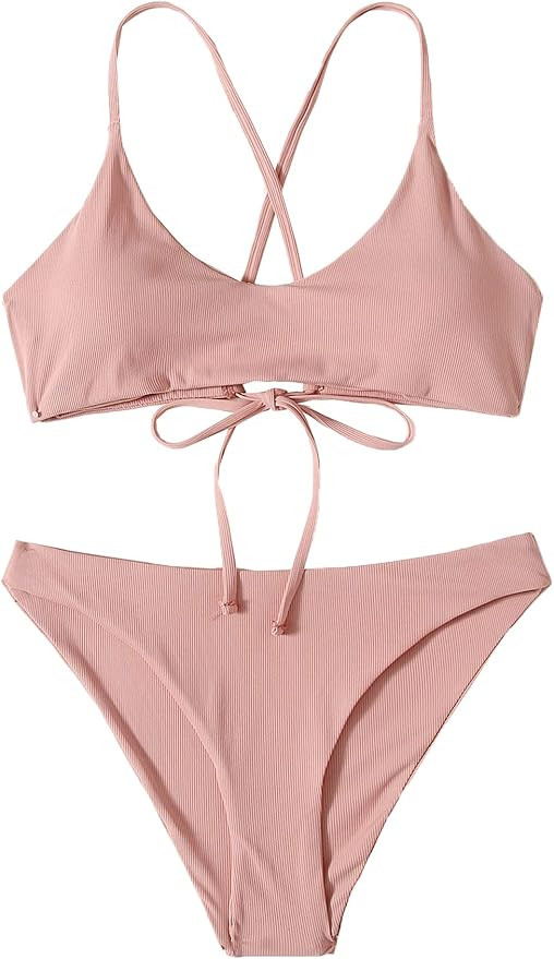 SweatyRocks Women's Bathing Suits Spaghetti Strap Criss Cross Back Bikini Ribbed Swimsuit | Amazon (US)
