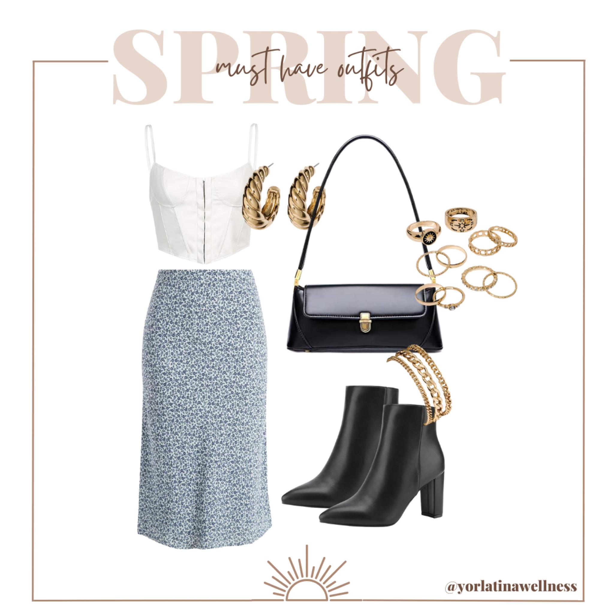 Spring Capsule Wardrobe, spring dress, Easter outfit, Easter dress, Country concert, vacation outfit, concert outfit, black boots, 90s vintage purse, white corset, spring skirt, Easter skirt, flower skirt, gold ring set, chunky bracelet, gold twisted hoops 

#LTKFestival #LTKunder100 #LTKunder50