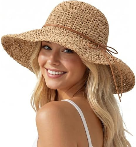 Beach Sun Straw Hats for Women, Floppy Wide Brim Summer Straw Hats, Foldable Packable Roll up Cap | Amazon (US)