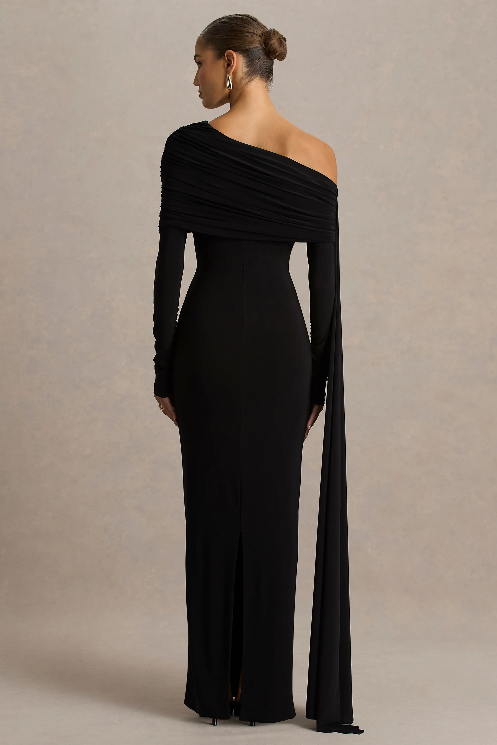 Octavia | Black Bardot-Neck Maxi Dress With Cape And Ruched Detailing | Club L London