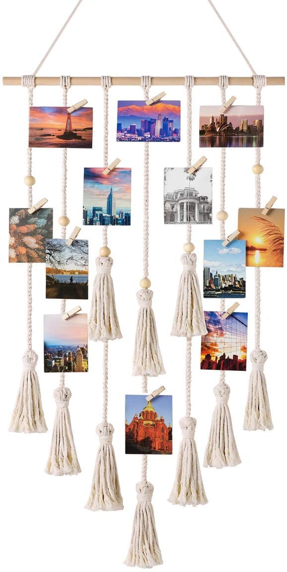 Mkono Hanging Photo Display Macrame Wall Hanging Pictures Organizer Boho Home Decor, with 30 Wood... | Amazon (US)