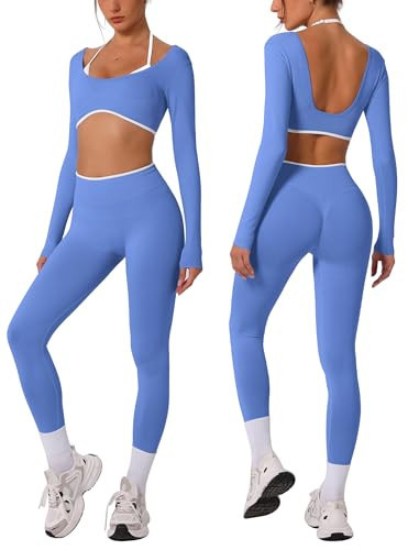 ABOCIW Workout Sets for Women Seamless Color Block Backless Long Sleeve Crop Top Scrunch Butt Lifting High Waist Leggings 2 Piece Gym Yoga Outfits Azure Medium | Amazon (US)