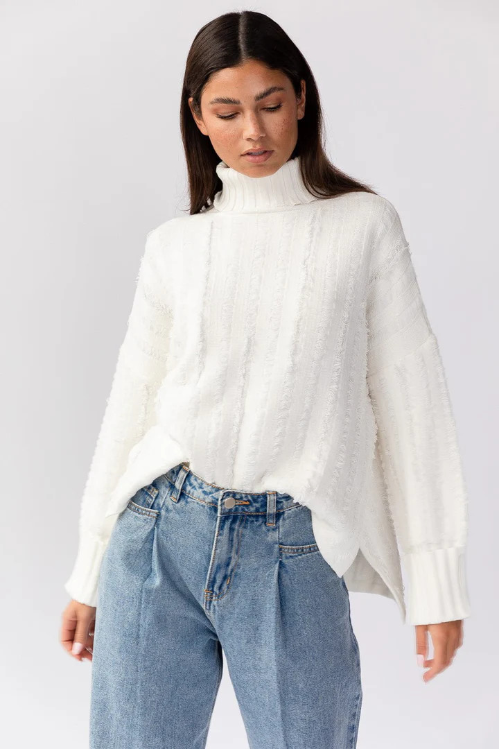 Dana Turtleneck Fringe Knit Sweater - White | Petal & Pup (US)