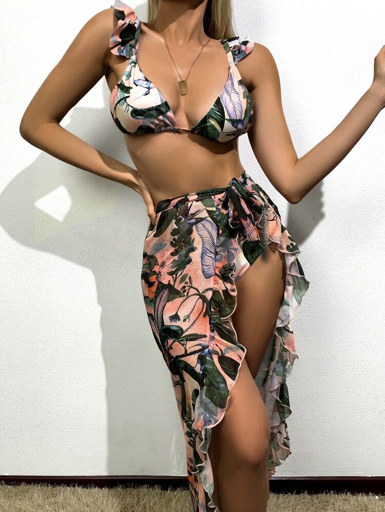 3pack Tropical Ruffle Bikini Swimsuit & Beach Skirt | SHEIN