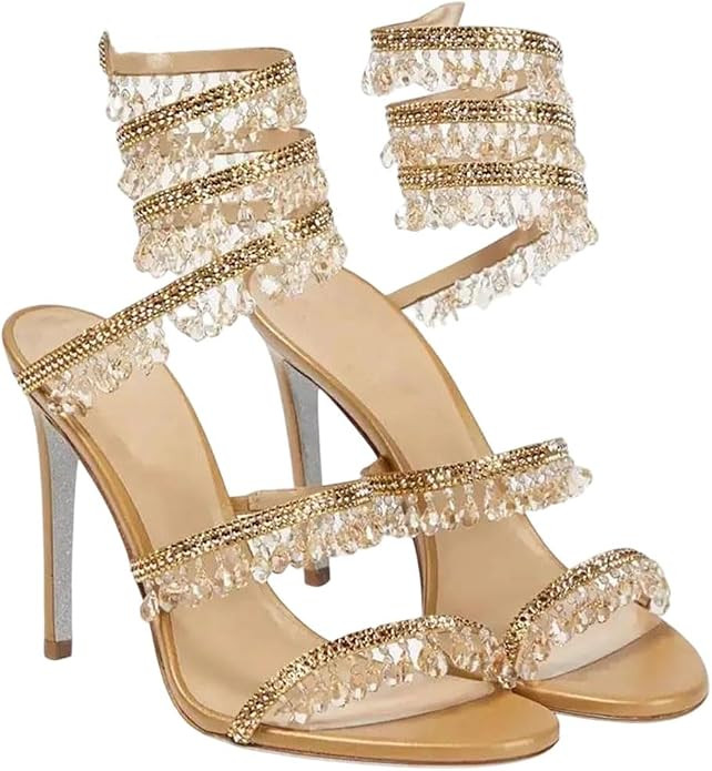 Women Crystal Wrap Stiletto Heel Sandals Party High Heels Designer Ankle Straps Dressy Night Out ... | Amazon (US)
