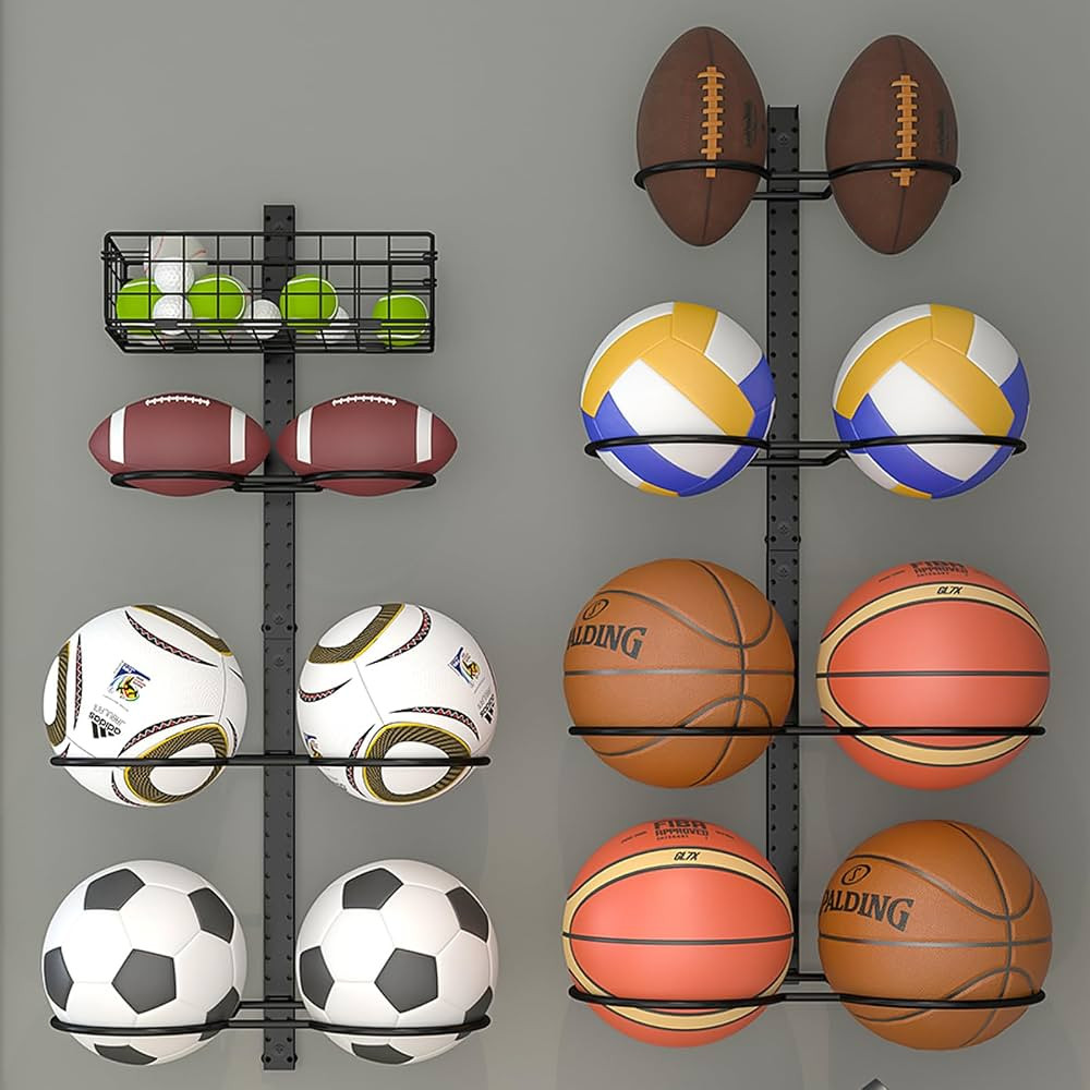 8 Tier Detachable Wall Mounted Basketball Rack, Vertical/Horizontal Football Holder, Holds 14 Bal... | Amazon (US)