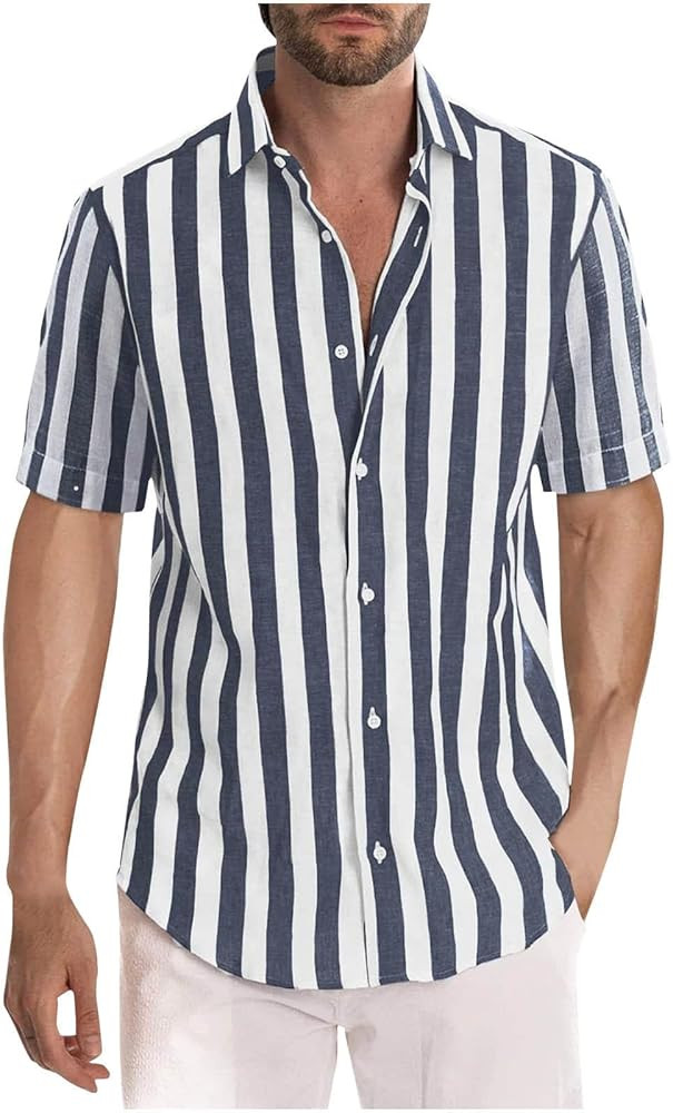 Cambkatl Men's Vertical Stripes Shirts Loose Fit Short Sleeve Casual Button Down Shirt Fashion Be... | Amazon (US)