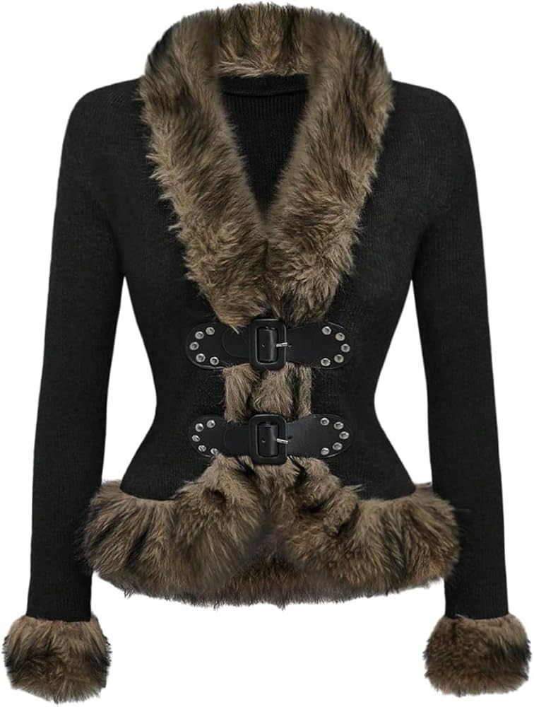 MakeMeChic Women's Fur Coat Punk Jacket Winter V Neck Studded Buckle Grunge Outerwear | Amazon (US)