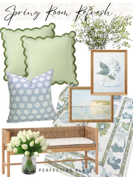 Spring is the perfect time to update your home decor. These easy home decor updates will give your home a refreshing new look for the spring season. Amazon green scalloped pillow, blue Amazon throw pillow, Target art in framed soft blue canvas prints, blue and green area rug, bench seating, real-touch tulips, spring greenery 

#LTKhome #LTKSeasonal