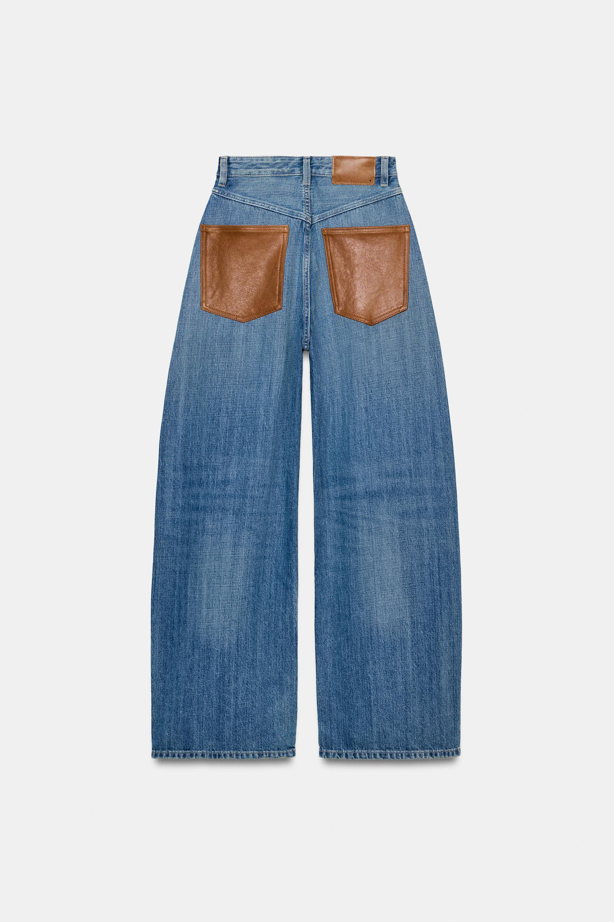 TRF WIDE LEG HIGH-WAISTED JEANS WITH FAUX LEATHER POCKETS | Zara US