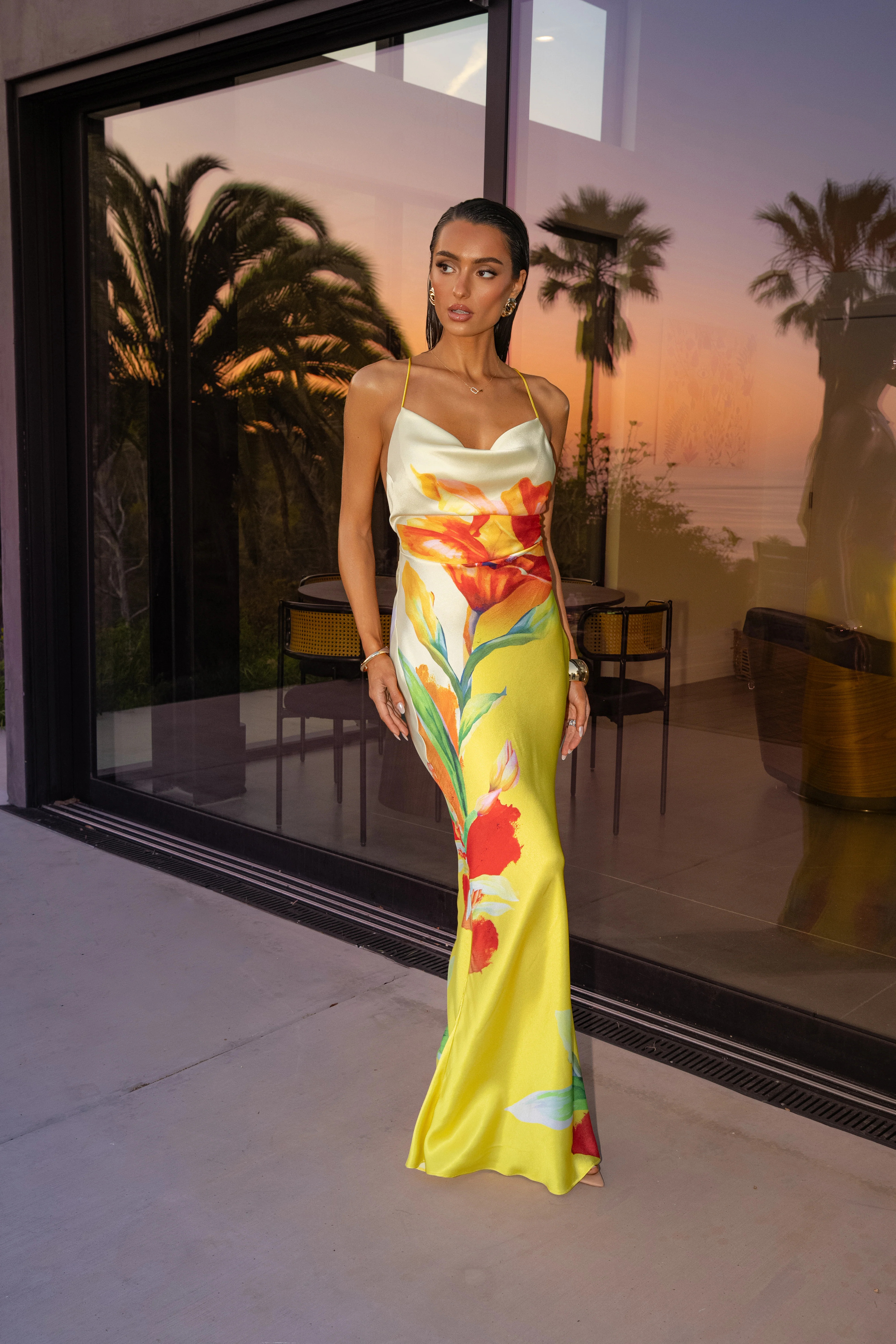 PRE-ORDER Yellow Satin Floral Print Maxi Dress M | JLUXLABEL