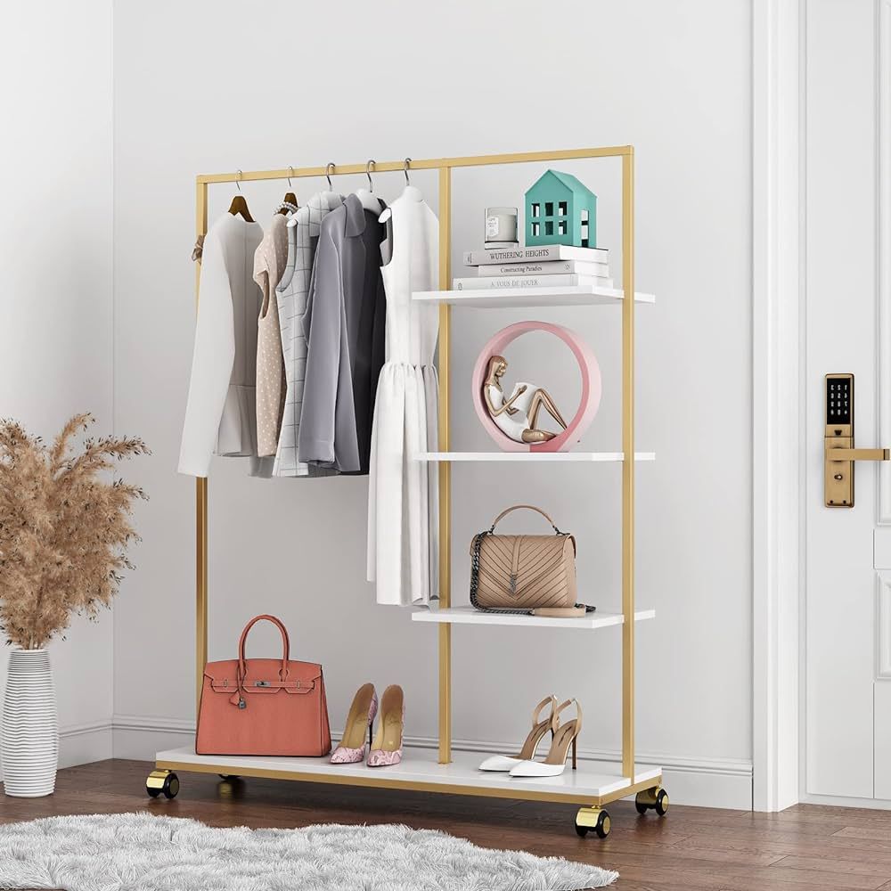 FONECHIN Metal Gold Clothing Rack for Boutique Use, Heavy Duty Garment Rack with Shelves for Retail  | Amazon (US)