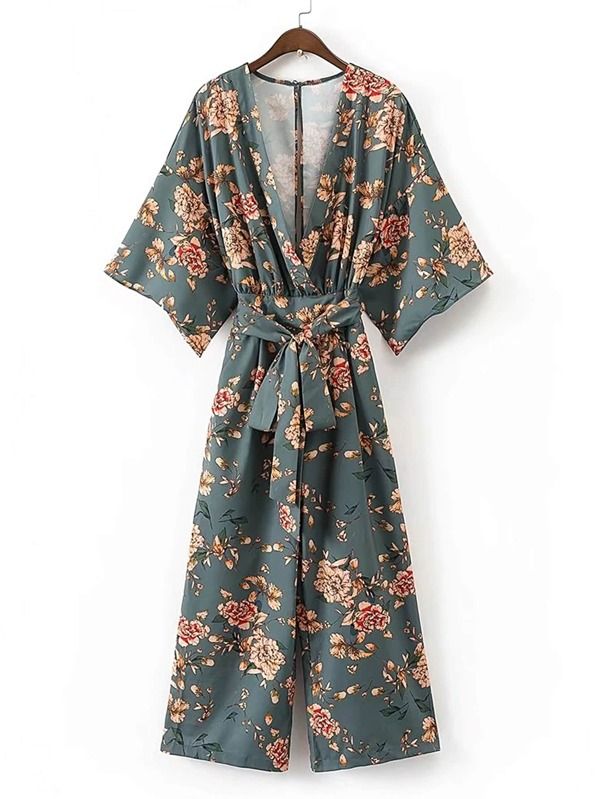 Plunging V-Neckline Floral Print Tie Waist Jumpsuit | SHEIN