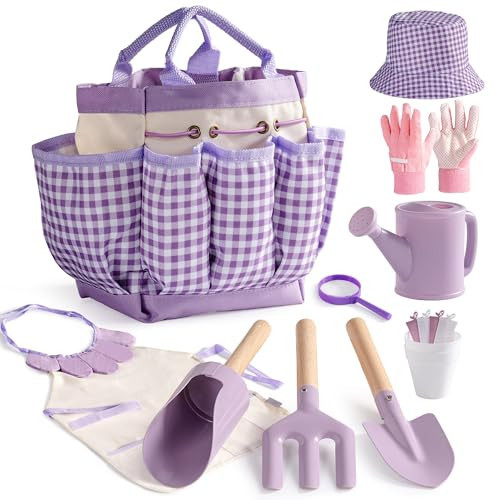 ROBOTIME Kids Gardening Set, 17PCS Toddler Gardening Tools, Toddler Gardening Set with Apron, Hat, Gloves, Watering Can & Tool Bag – Outdoor Play Garden Kit for Kids for Hands-On Learning (Purple ) | Amazon (US)