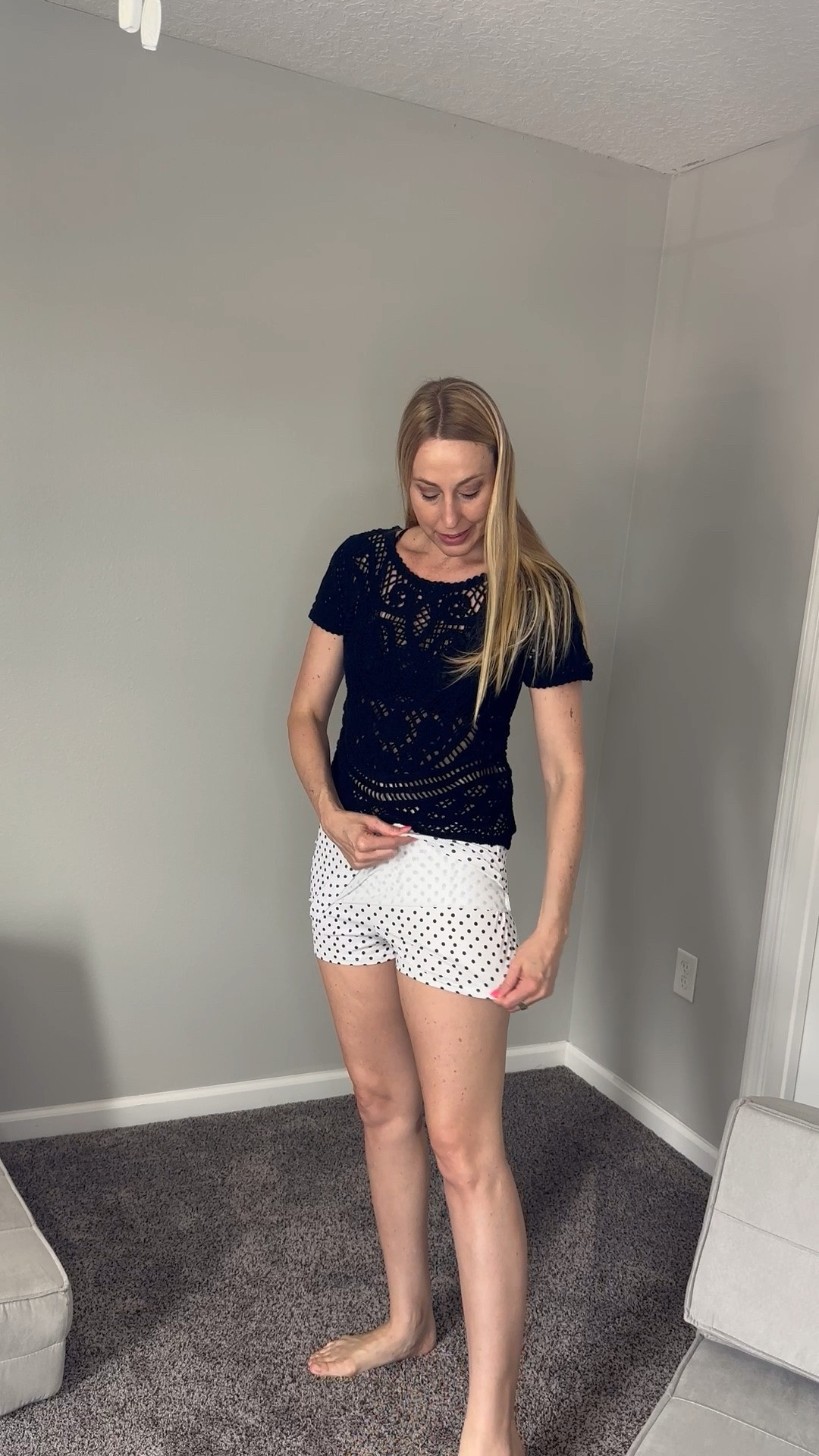 Set of two polka dot skorts for summer
🖤 a very trendy bottom that goes with several top styles 
🖤 they are super stretchy 
🖤fits true to size, wearing size small and I am 5’10”
🖤 Amazon fashion find under $50