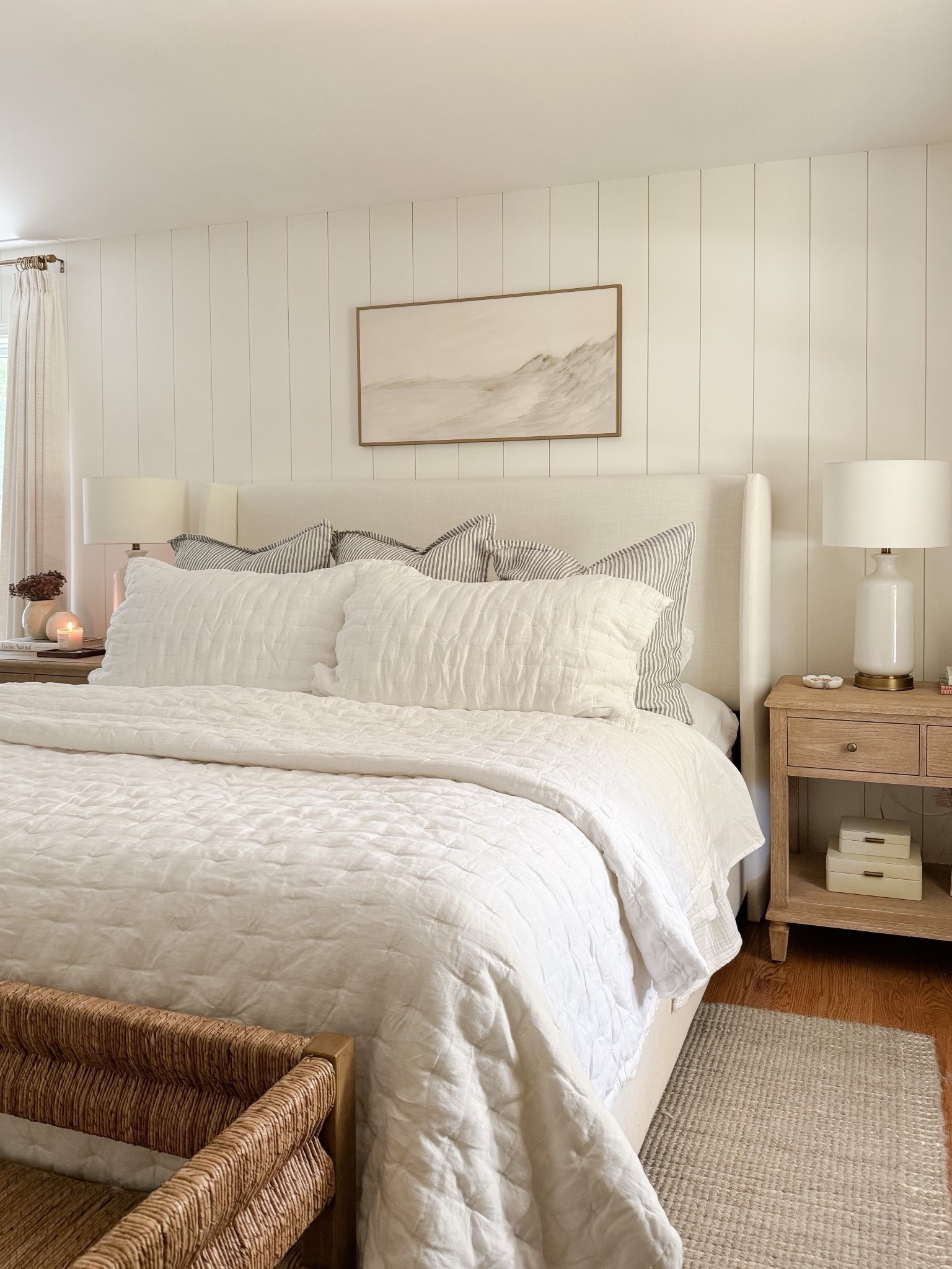 Coastal Bedroom

neutral bedroom, beige bedroom, striped duvet, fluffy duvet, fluffy bedding, wood nightstand, sherri calnan home 

#LTKHome