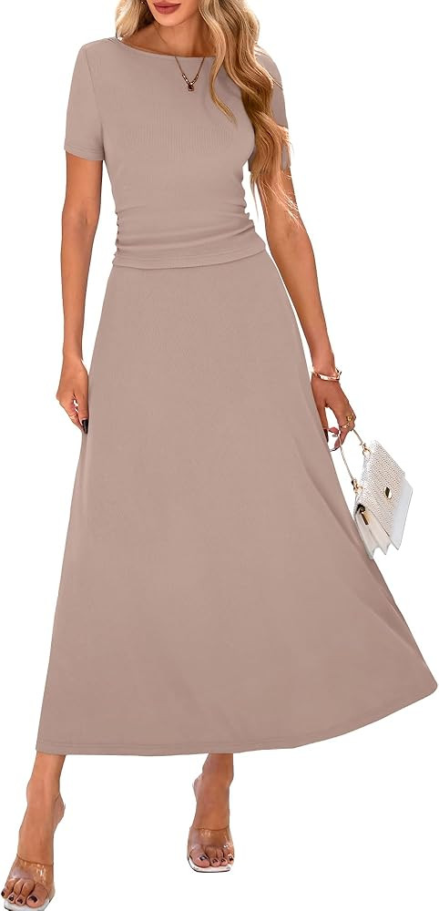 BTFBM 2025 Women's Summer 2 Piece Outfits Spring Crewneck Short Sleeve Ruched Bodycon Tops Flowy ... | Amazon (US)