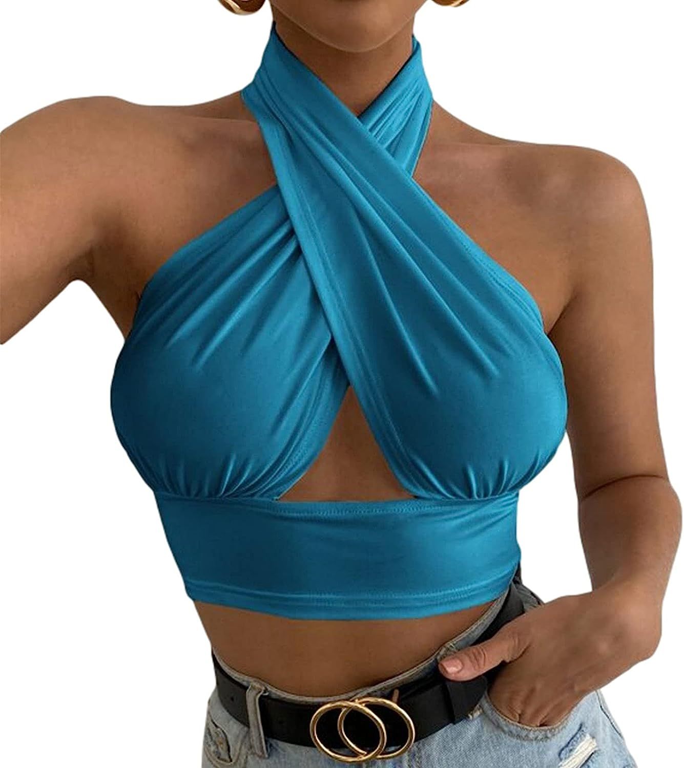 Women Summer Cutout Tank Tops Pure Color Cross Halter Neck Backless Close-Fitting Vest | Amazon (US)