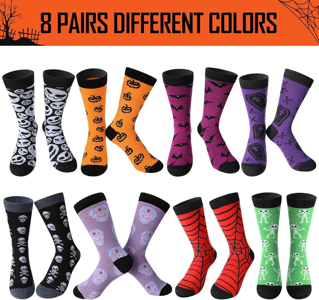 Jiuguva 8 Pairs Mens Halloween Socks Novelty Fun Holiday Ghost Skeleton Bats Spider Web Printed C... | Amazon (US)